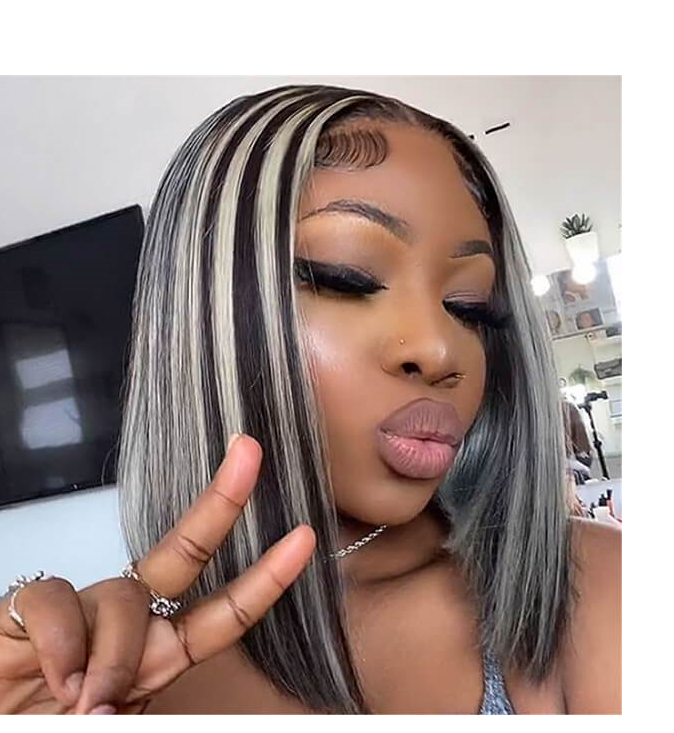 Human Hair Black With Grey Highlight Color Lace Front Bob Wig