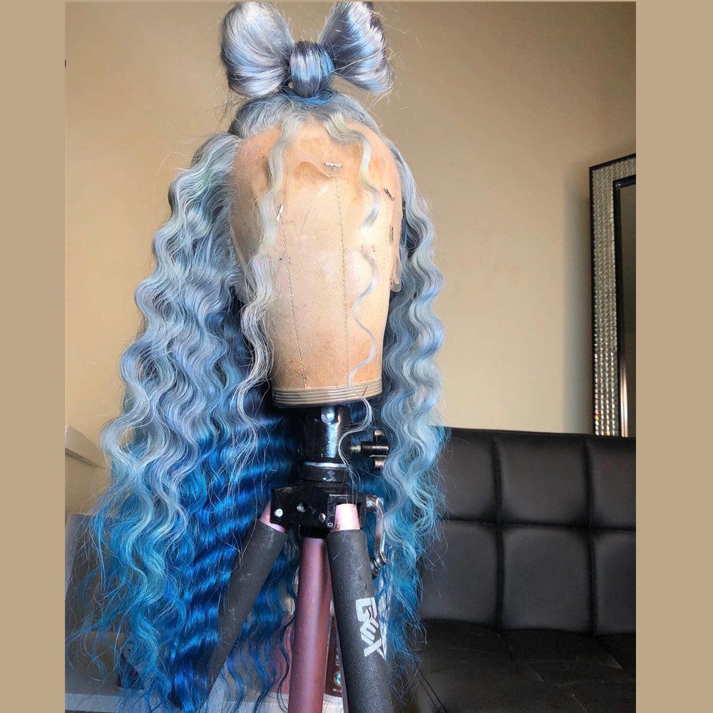 Peruvian Hair Blue Ombre Color Deep Wave Lace Front Wig  display picture 1