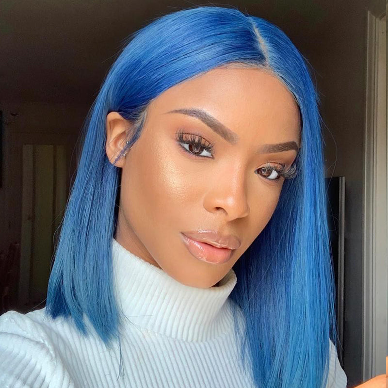 Human Hair Lace Front Bob Wig Sky Blue Color Prosp Hair Shop