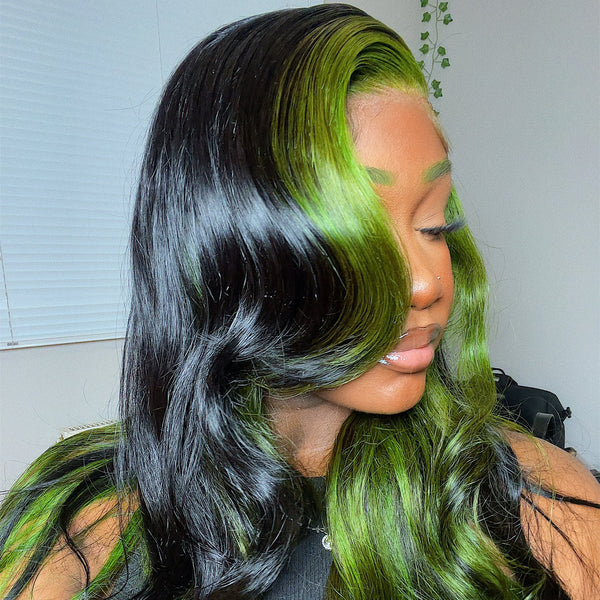 Human Hair Green And Black Highlight Style Lace Front Wig
