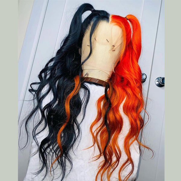 Peruvian Hair Lace Front Wig Half Black Half Orange Color Body Wavy