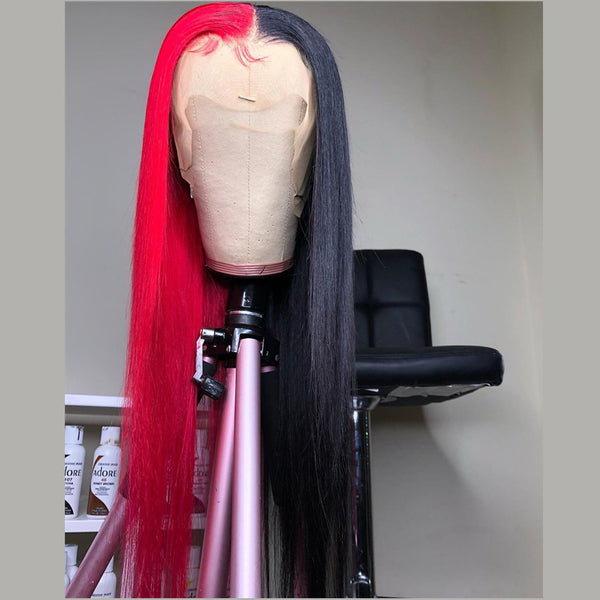 Human Peruvian Hair Half Red Half Black Lace Front Straight Wig