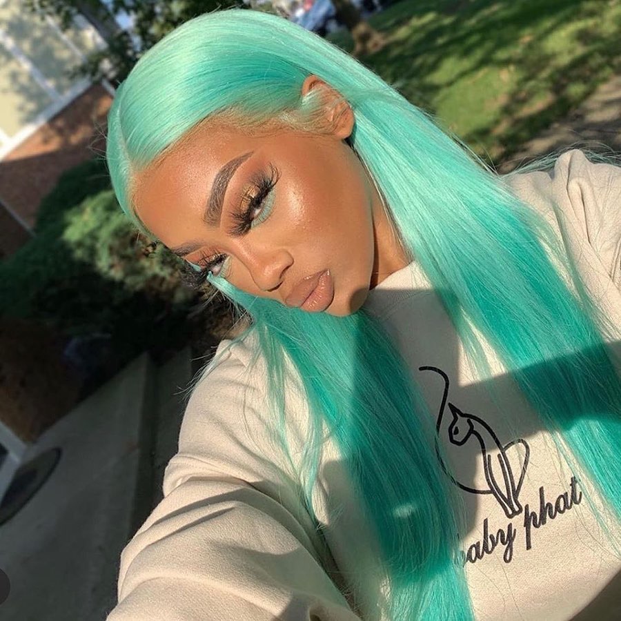 Peruvian Hair Mint Green Color Straight Style Lace Front Wig