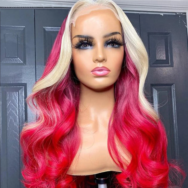 Human Hair Red Blonde Highlight Body Wave Lace Front Wig