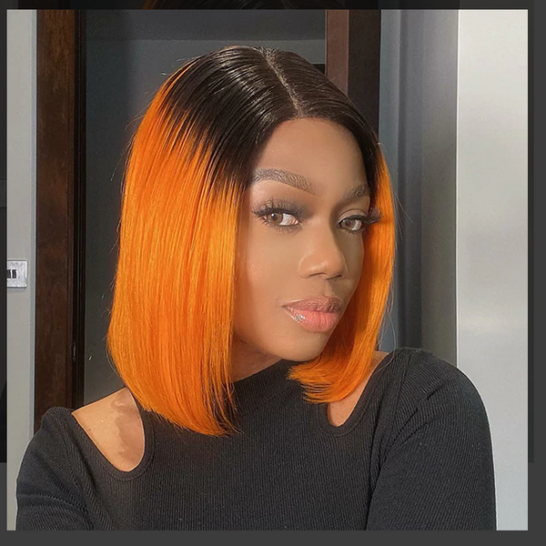 Peruvian Hair Orange Color With Dark Root Lace Front Bob Wig