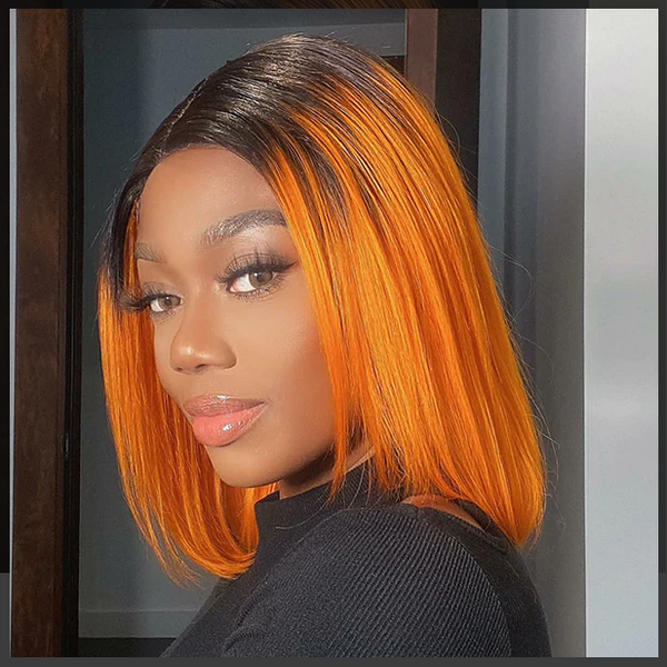 Peruvian Hair Orange Color With Dark Root Lace Front Bob Wig