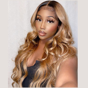 Human Hair Blond With Dark Root Ombre Color Wigs