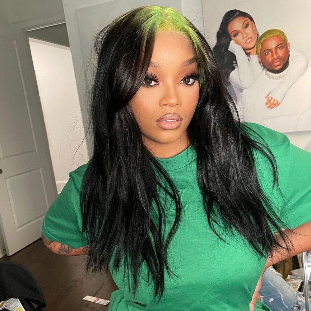 Human Hair Green Color Root With Black Color Lace Front Wig  display picture 1