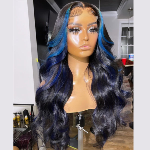 Peruvian Hair Ocean Blue Streak Highlight Style Lace Front Wig