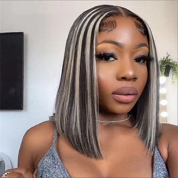 Human Hair Black With Grey Highlight Color Lace Front Bob Wig