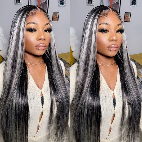 Human Hair Black And Grey Highlight Color Lace Front Wig