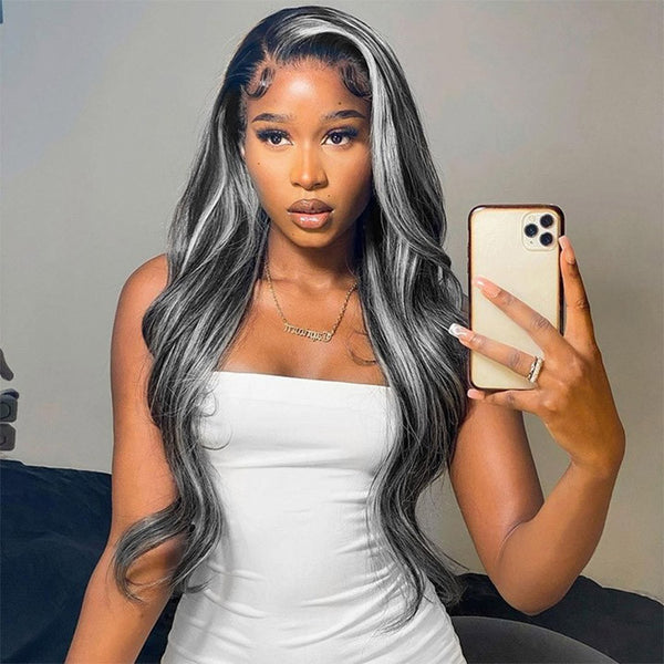 Human Hair Black And Grey Highlight Color Lace Front Wig