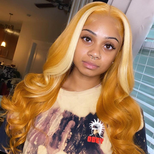 Human Hair Honey Orange Blonde Highlight Lace Front Wig