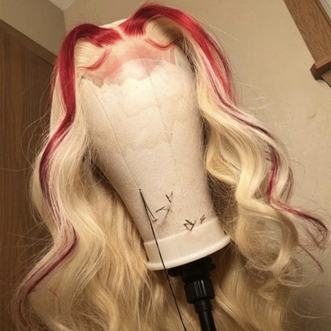 Human Hair Blonde With Red Highlight Color Lace Front Wig