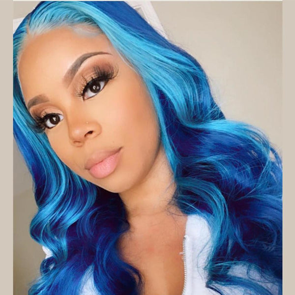 Blue Highlight Human Hair Lace Front Wigs