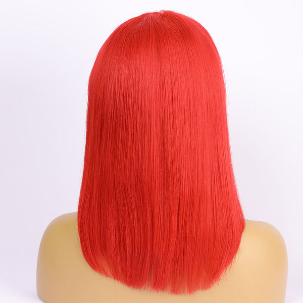 Peruvian Hair Red Color With Bang Lace Front Bob Straight  Wig
