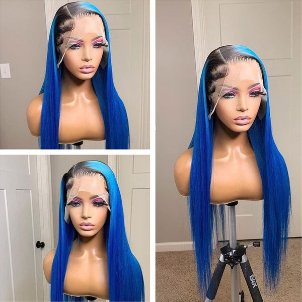 Remy Human Hair Dark Root Blue Ombre Color Lace Front Wig