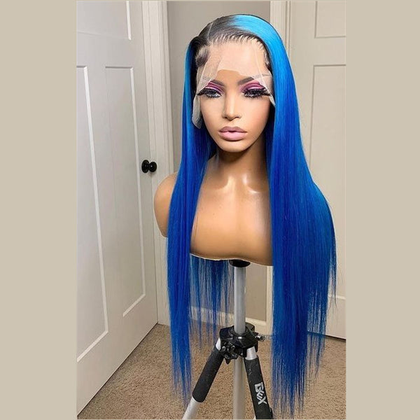 Remy Human Hair Dark Root Blue Ombre Color Lace Front Wig