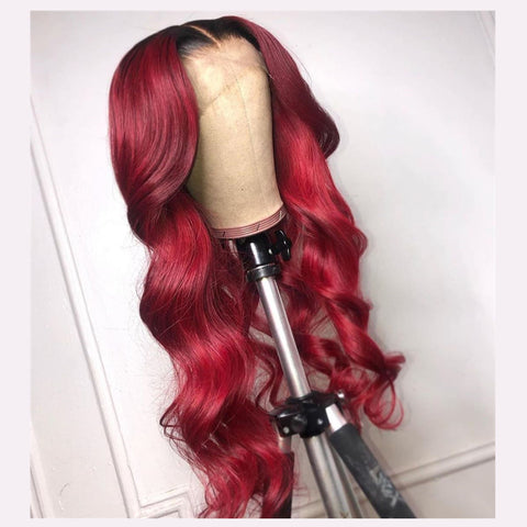 Peruvian Hair Dark Root Red Color Natural Wave Lace Front Wig