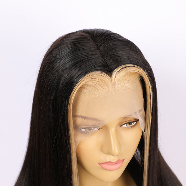 Human Hair Black With Blonde Color Straight Full Lace Wig