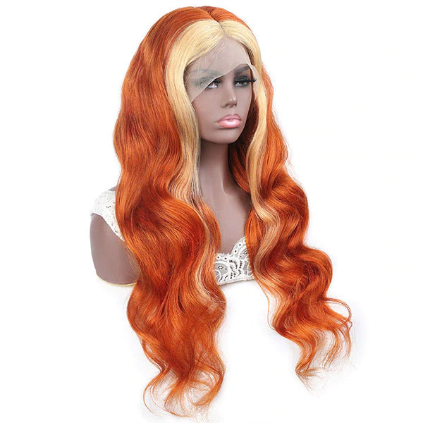 Peruvian Hair Ginger With Blonde Highlight Style Lace Front Wig