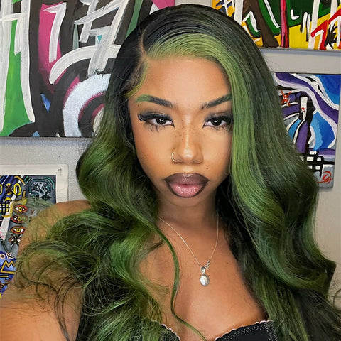 Human Hair Green And Black Highlight Style Lace Front Wig