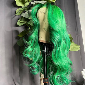 Human Hair Green Color Natural Wave Style Lace Front Wig