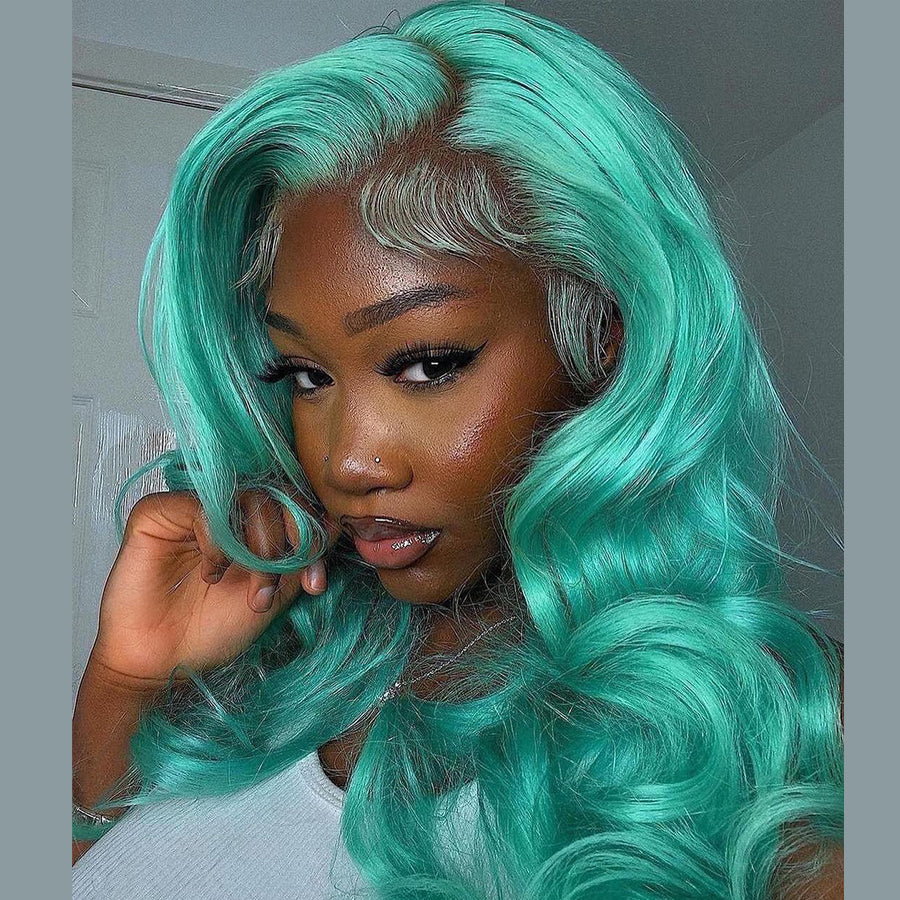 Peruvian Human Hair Mint Green Body Wave Style Lace Front Wig