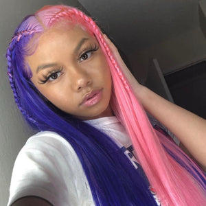 Peruvian Hair Half Pink And Half Purple Lace Front Straight Wig