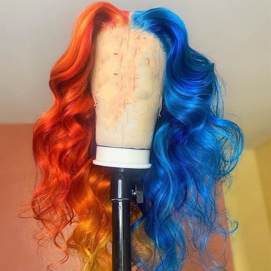 Half Blue And Orange Natural Wave Fashion Style Lace Front Wig