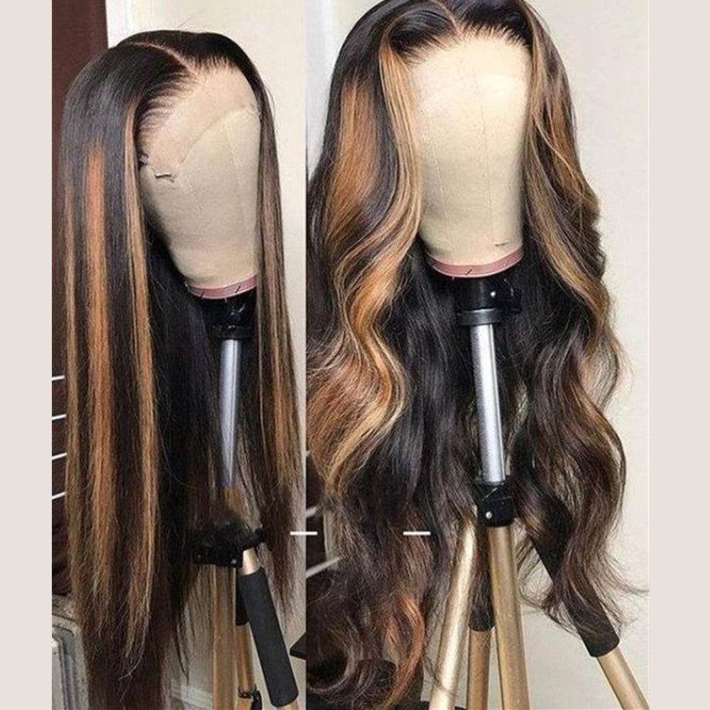 Human Hair Brown Ombre Highlight HD Transparent Lace Front Wig