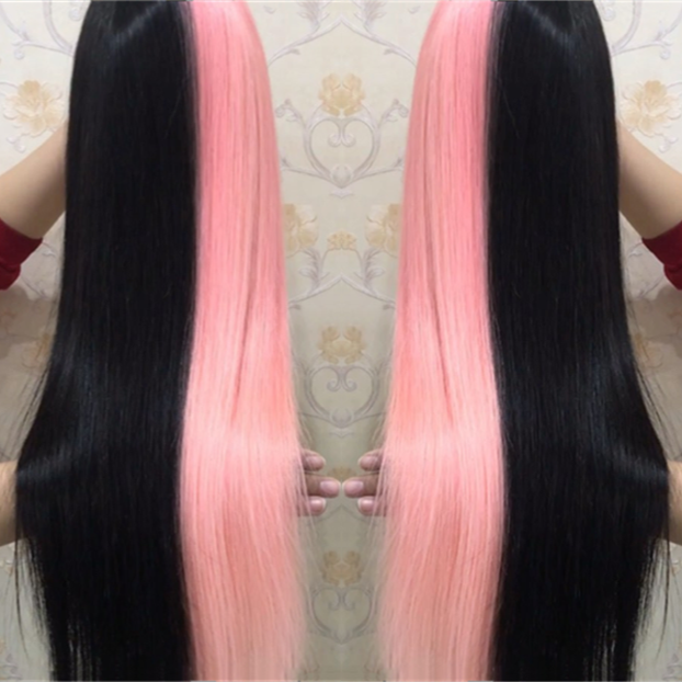 Human Peruvian Hair Half Pink And Half Black Lace Front Wigs