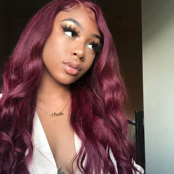 Peruvian Hair Fashion Burgundy Color Body Wave Lace Front Wigs