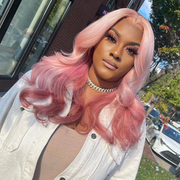 Remy Human Hair Light Pink Ombre Color Style Lace Front Wig
