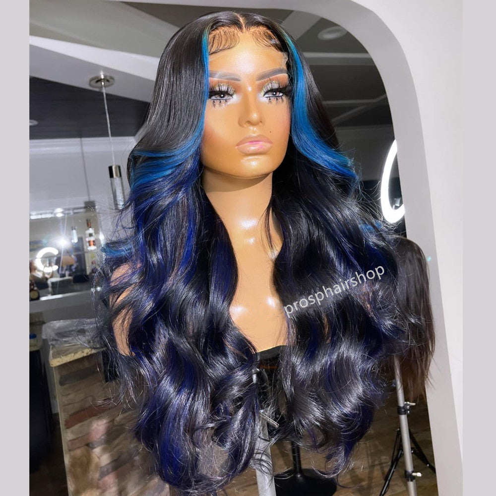 Peruvian Hair Ocean Blue Streak Highlight Style Lace Front Wig