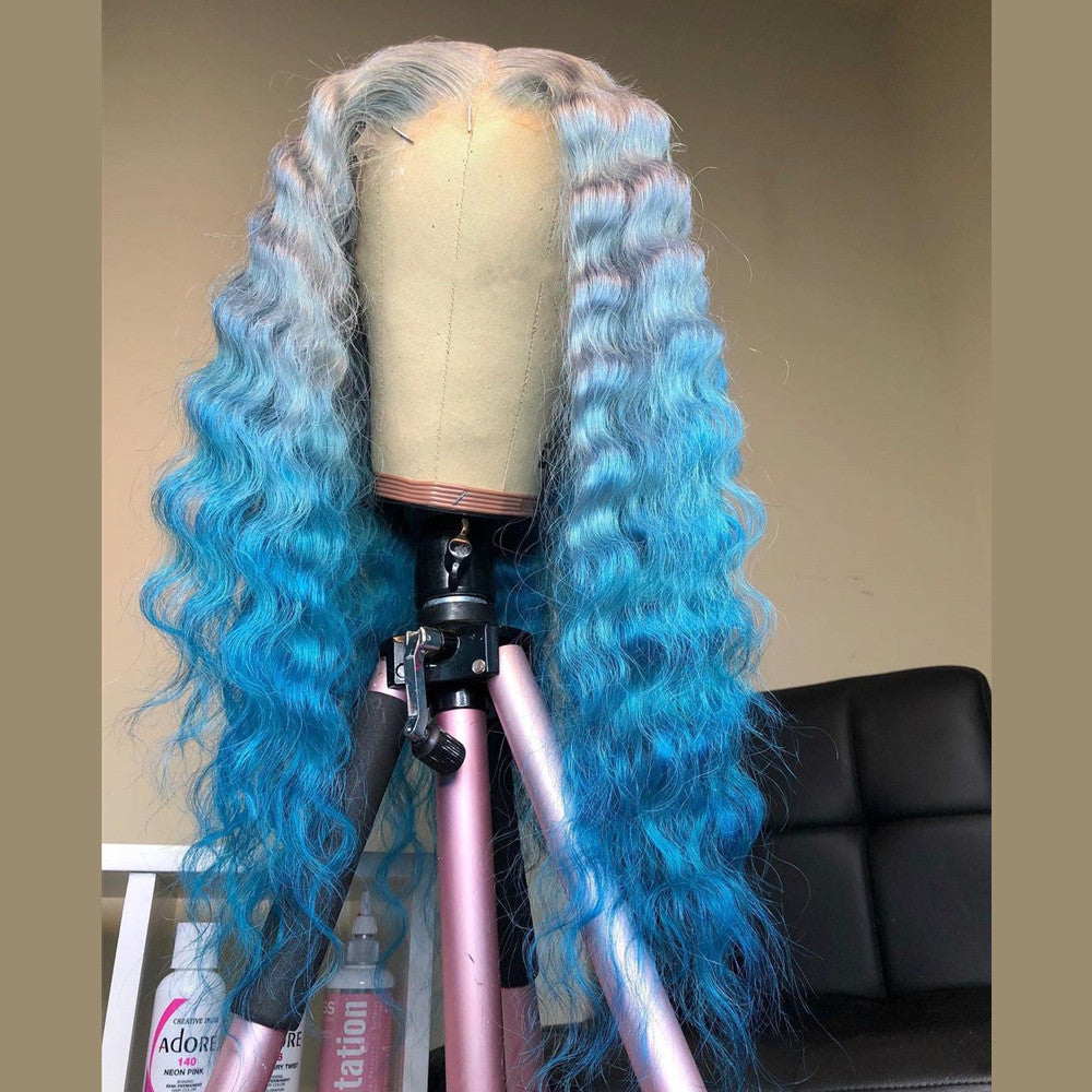 Peruvian Hair Blue Ombre Color Deep Wave Lace Front Wig  display picture 1