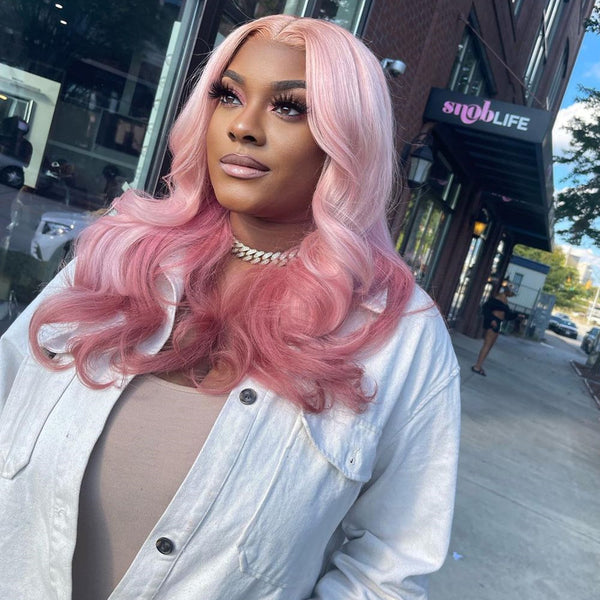 Remy Human Hair Light Pink Ombre Color Style Lace Front Wig