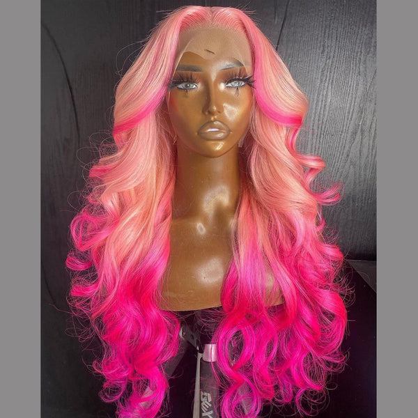 Peruvian Hair Pink Ombre Color Highlight Style Lace Front Wig