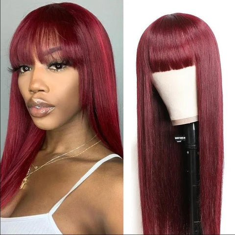 Peruvian Hair Lace Front Red Color With Bang Wig Straight Style