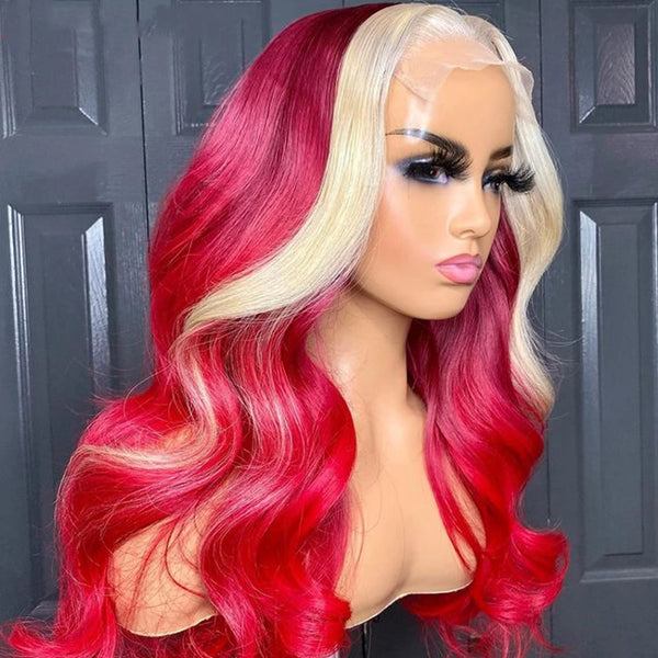 Human Hair Red Blonde Highlight Body Wave Lace Front Wig