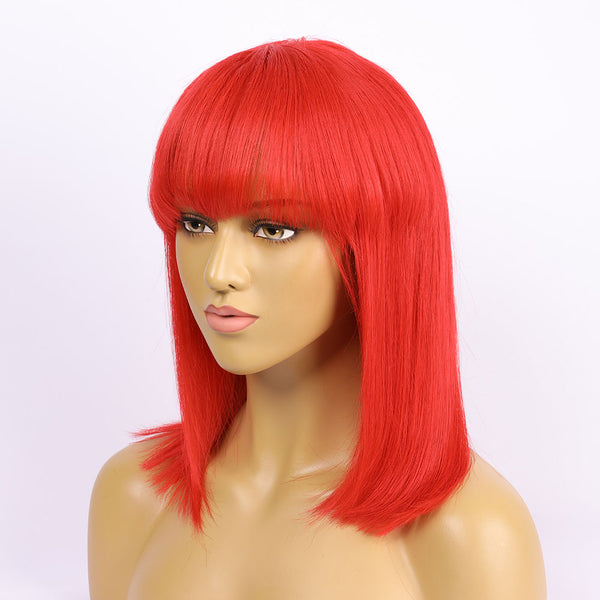 Peruvian Hair Red Color With Bang Lace Front Bob Straight  Wig
