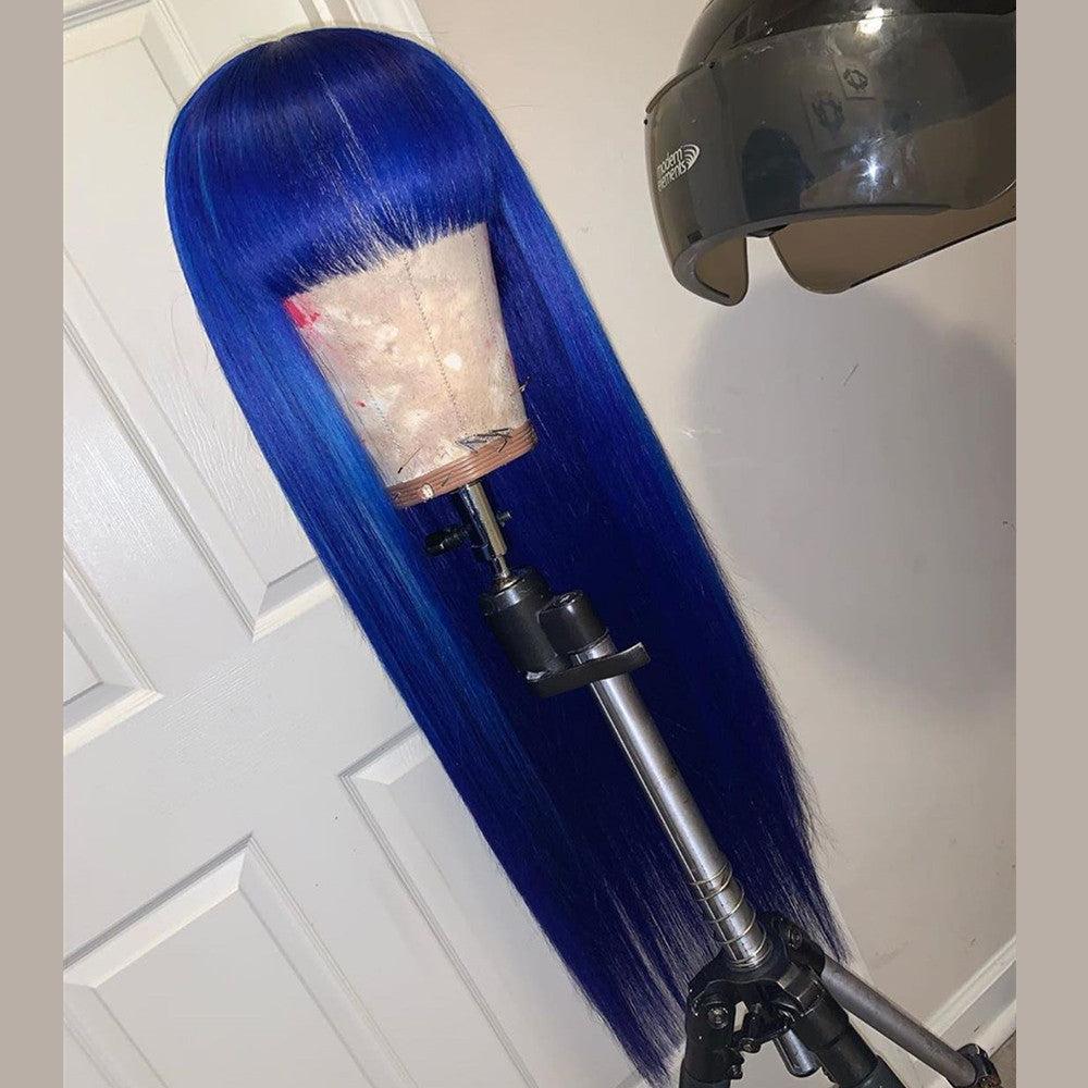 Peruvian Hair Royal Blue With Bang Lace Front Straight Wig